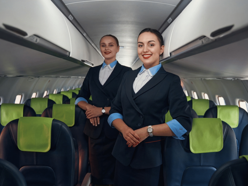 Two cabin crew members welcoming passengers in an aircraft cabin